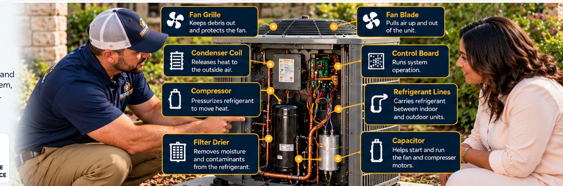 HVAC technician explaining the main components of an outdoor air conditioning unit to a homeowner