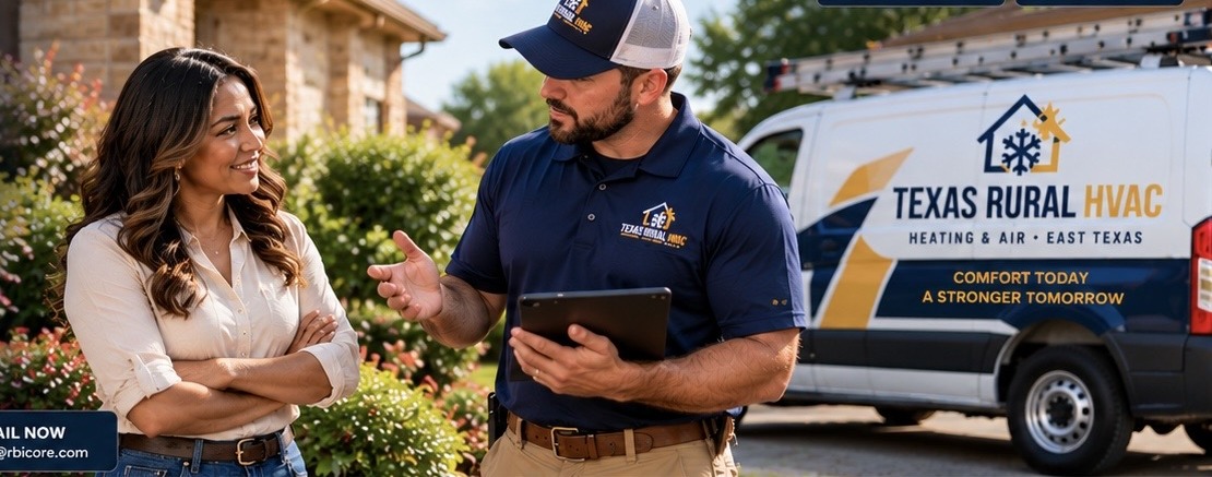 Homeowner speaking with a Texas Rural HVAC technician beside the service van and outdoor air conditioning unit